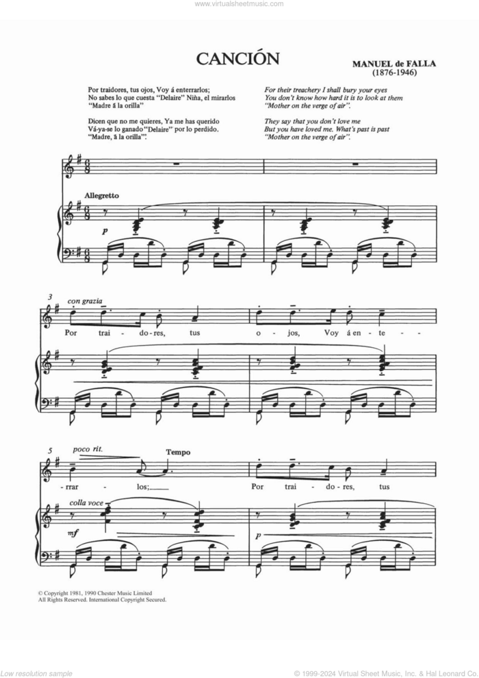 Cancion sheet music for voice and piano by Manuel De Falla and Shirley Leah, classical score, intermediate skill level