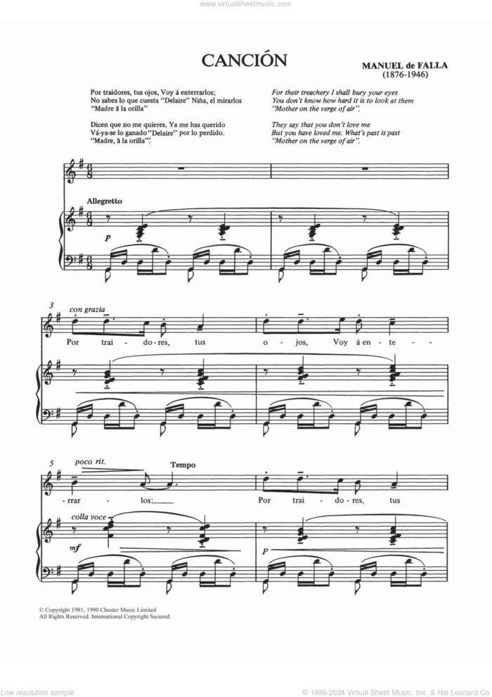 Cancion sheet music for voice and piano by Manuel De Falla and Shirley Leah, classical score, intermediate skill level