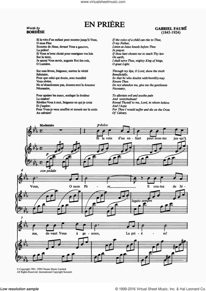 En Priere sheet music for voice and piano by Gabriel Faure and Shirley Leah, classical score, intermediate skill level