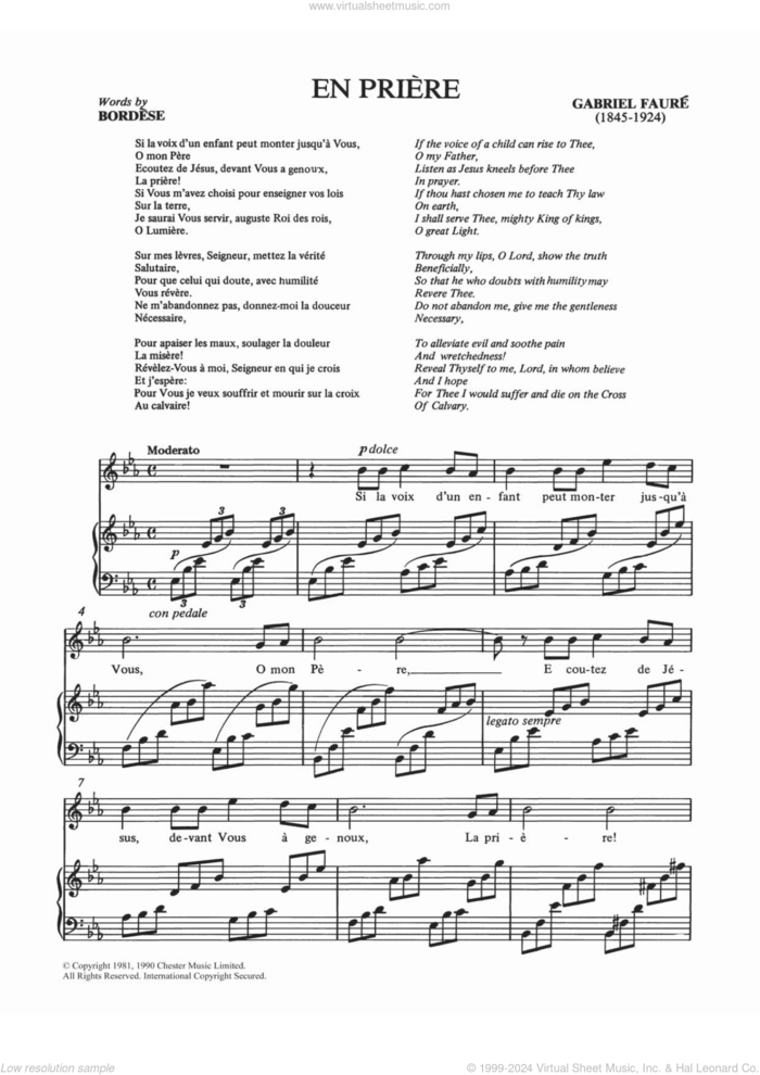 En Priere sheet music for voice and piano by Gabriel Faure and Shirley Leah, classical score, intermediate skill level