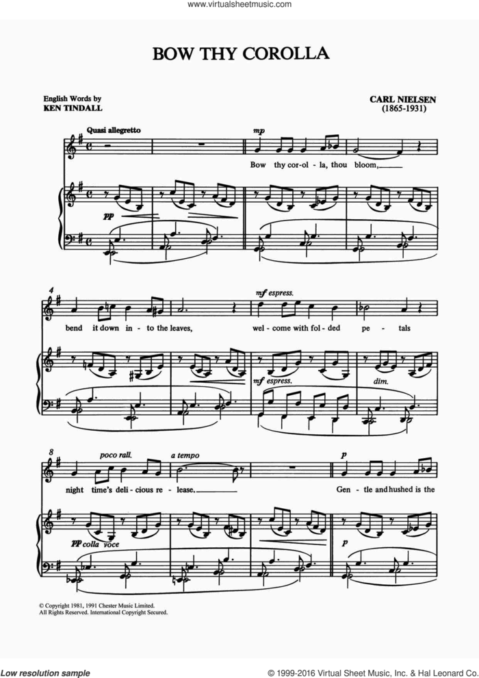 Bow Thy Corolla sheet music for voice and piano by Carl Nielsen and Shirley Leah, classical score, intermediate skill level