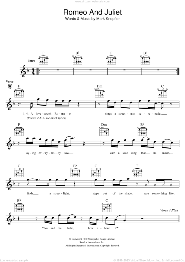 Romeo And Juliet sheet music for voice and other instruments (fake book) by Dire Straits and Mark Knopfler, intermediate skill level