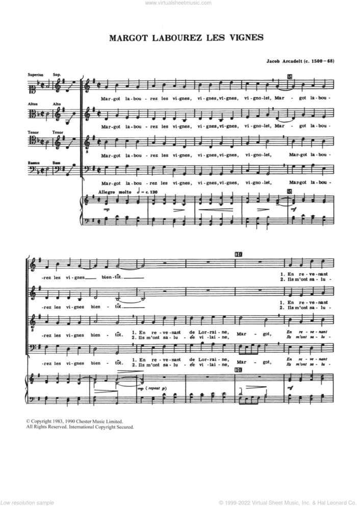 Margot Labourez Les Vignes sheet music for choir by Jacob Arcadelt and Anthony Petti, classical score, intermediate skill level