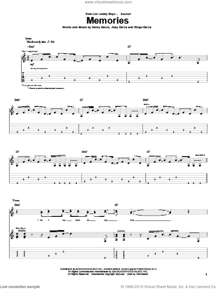 Memories sheet music for guitar (tablature) by Los Lonely Boys, Henry Garza, Joey Garza and Ringo Garza, intermediate skill level