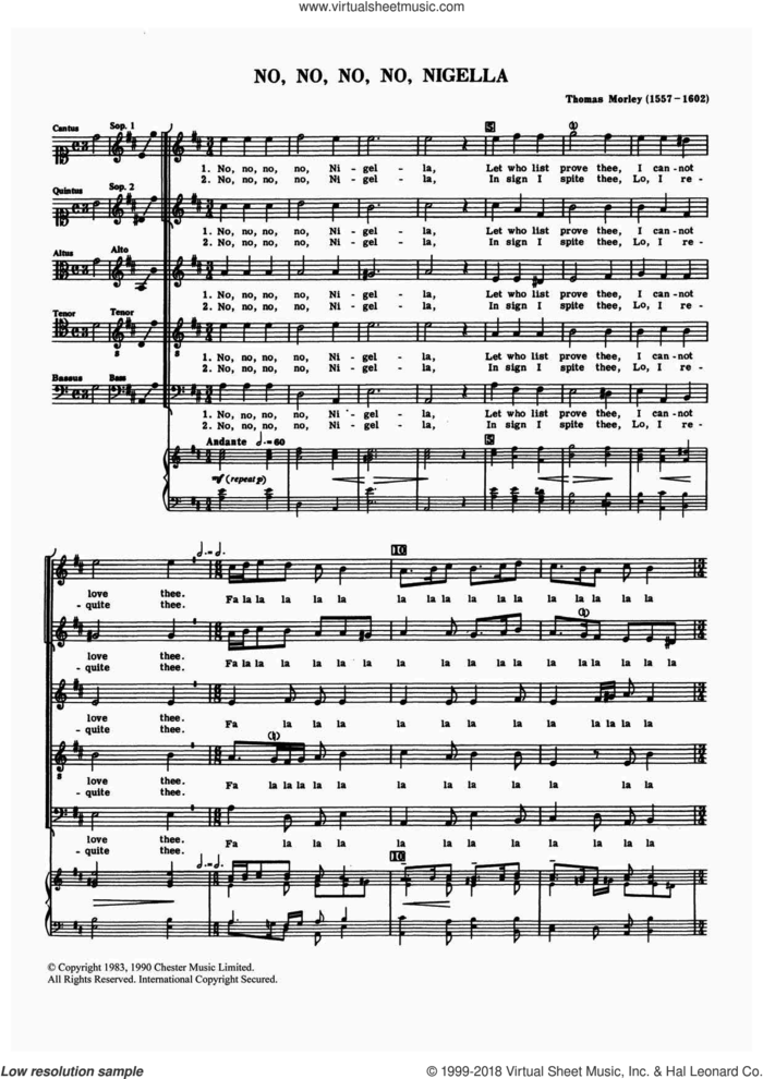No, No, No, No, Nigella sheet music for choir by Thomas Morley and Anthony Petti, classical score, intermediate skill level
