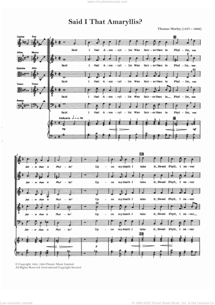 Said I That Amaryllis? sheet music for choir by Thomas Morley and Anthony Petti, classical score, intermediate skill level