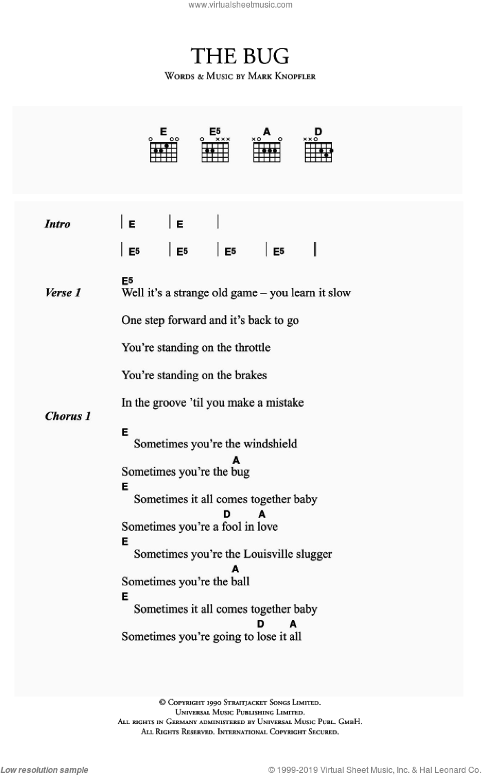 The Bug sheet music for guitar (chords) by Dire Straits and Mark Knopfler, intermediate skill level