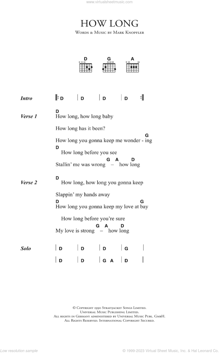 How Long sheet music for guitar (chords) by Dire Straits and Mark Knopfler, intermediate skill level