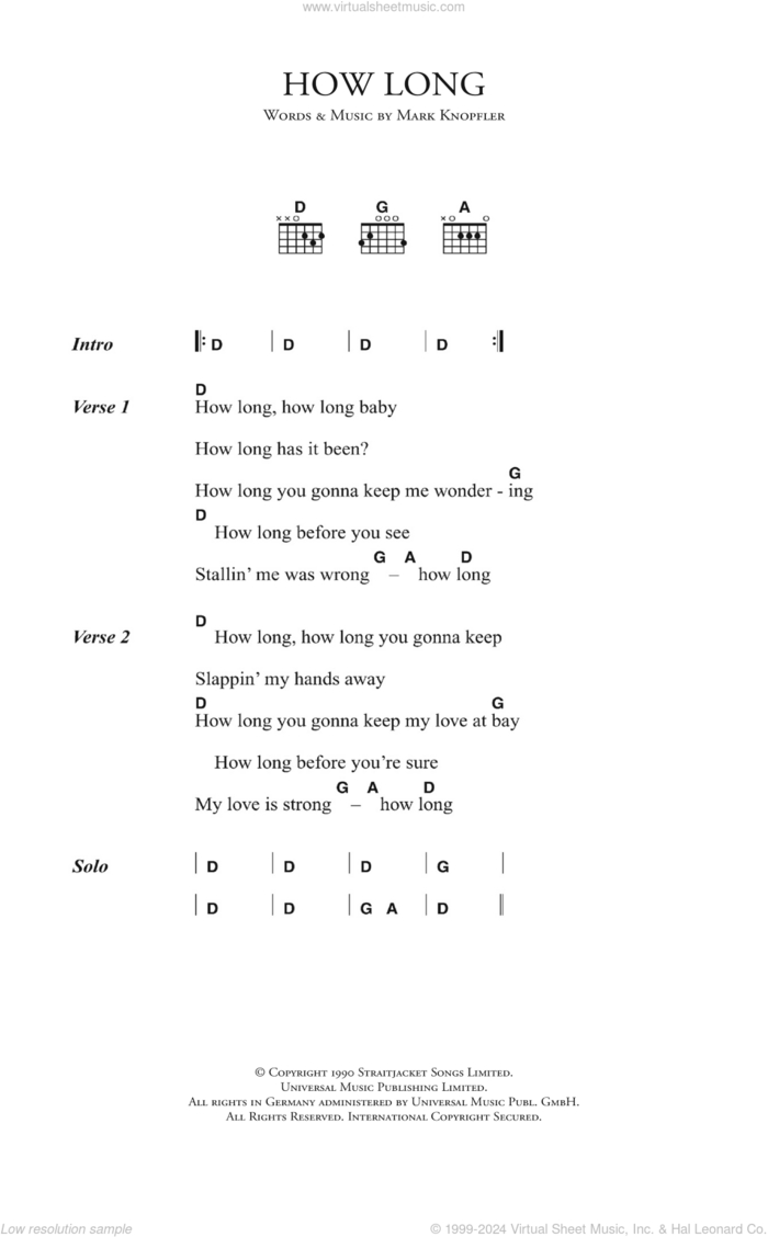 How Long sheet music for guitar (chords) by Dire Straits and Mark Knopfler, intermediate skill level