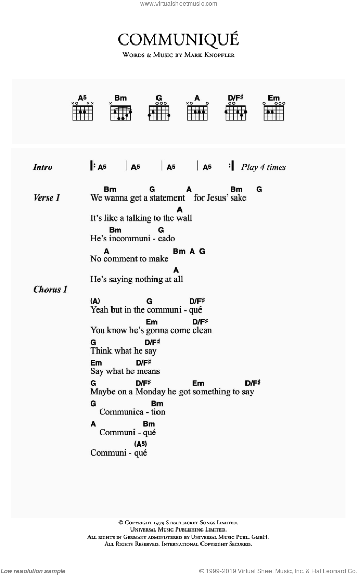 Communique sheet music for guitar (chords) by Dire Straits and Mark Knopfler, intermediate skill level