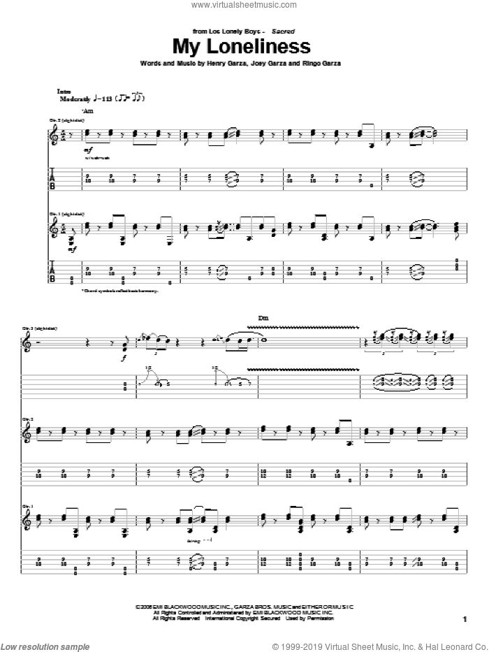 My Loneliness sheet music for guitar (tablature) by Los Lonely Boys, Henry Garza, Joey Garza and Ringo Garza, intermediate skill level