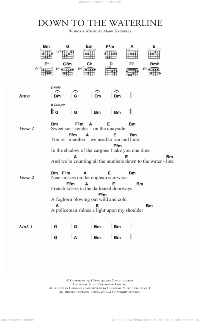 Down To The Waterline sheet music for guitar (chords) by Dire Straits and Mark Knopfler, intermediate skill level