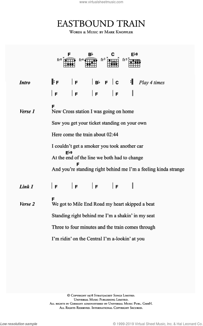 Eastbound Train sheet music for guitar (chords) by Dire Straits and Mark Knopfler, intermediate skill level