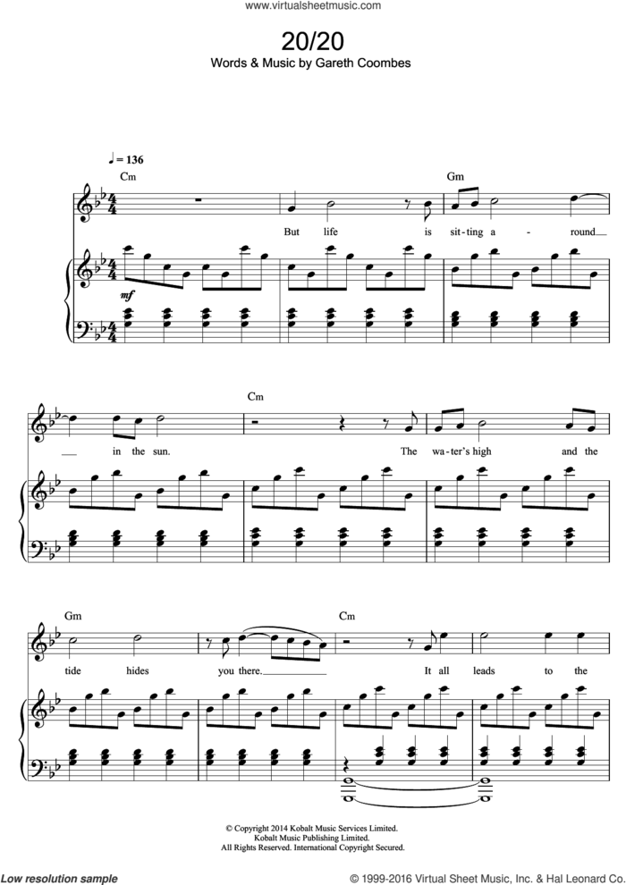 20/20 sheet music for voice and piano by Gaz Coombes and Gareth Coombes, intermediate skill level