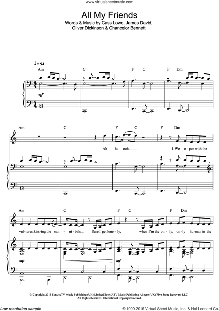 All My Friends (featuring Tinashe and Chance The Rapper) sheet music for voice and piano by Snakehips, Chance The Rapper, Tinashe, Cass Lowe, Chancelor Bennett, James David and Oliver Dickinson, intermediate skill level