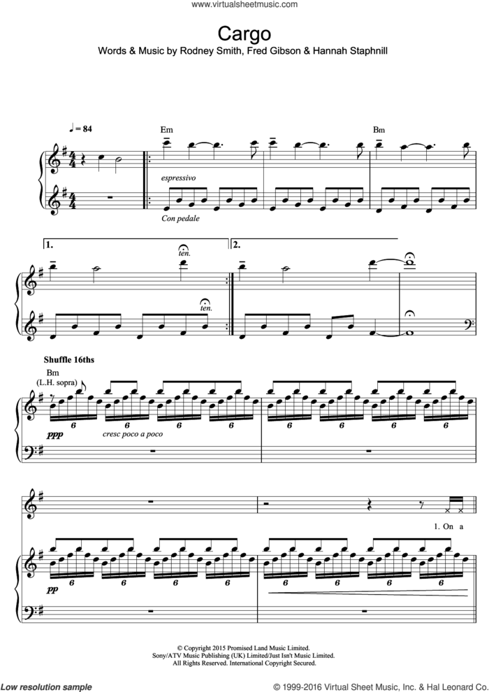 Cargo sheet music for voice and piano by Roots Manuva, Fred Gibson, Hannah Staphnill and Rodney Smith, intermediate skill level