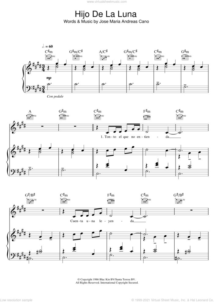 Hijo De La Luna sheet music for voice, piano or guitar by Mecano and Jose Maria Andreas Cano, intermediate skill level