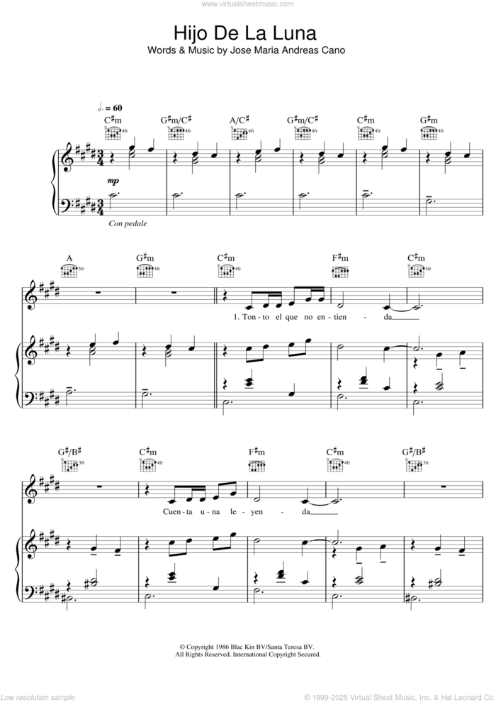 Hijo De La Luna sheet music for voice, piano or guitar by Mecano and Jose Maria Andreas Cano, intermediate skill level