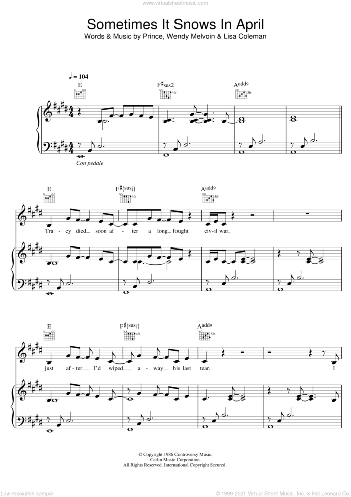 Sometimes It Snows In April sheet music for voice, piano or guitar by Prince, Lisa Coleman and Wendy Melvoin, intermediate skill level