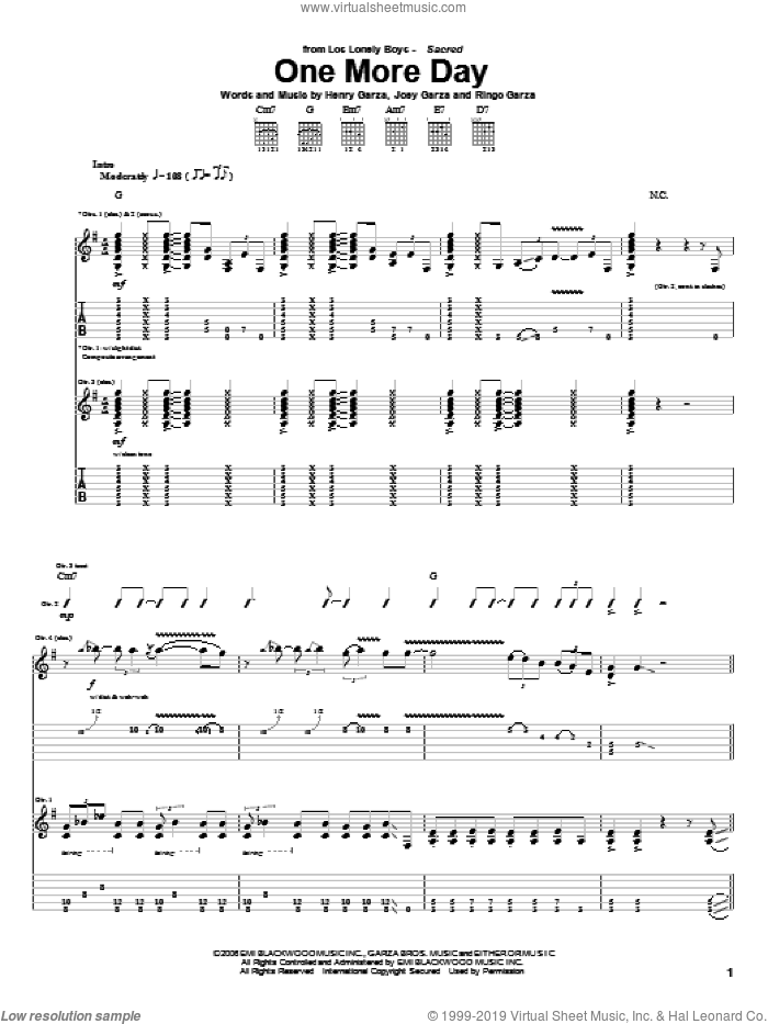One More Day sheet music for guitar (tablature) by Los Lonely Boys, Henry Garza, Joey Garza and Ringo Garza, intermediate skill level