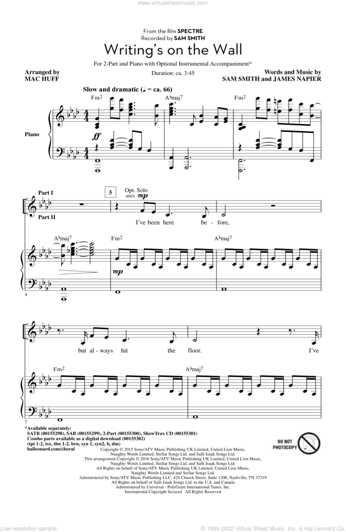 Writing's On The Wall (arr. Mac Huff) sheet music for choir (2-Part) by Sam Smith, Mac Huff and James Napier, intermediate duet