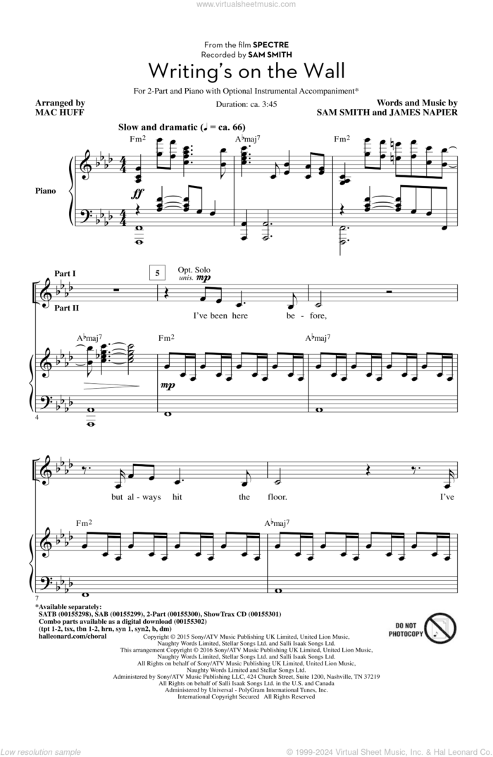 Writing's On The Wall (arr. Mac Huff) sheet music for choir (2-Part) by Sam Smith, Mac Huff and James Napier, intermediate duet