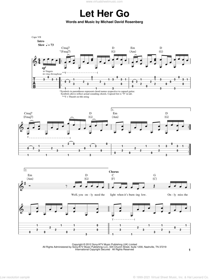 Let Her Go sheet music for guitar (tablature, play-along) by Passenger and Michael David Rosenberg, intermediate skill level