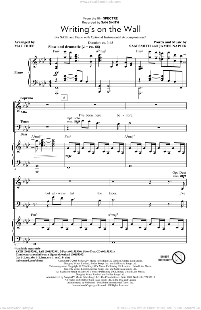 Writing's On The Wall (arr. Mac Huff) sheet music for choir (SATB: soprano, alto, tenor, bass) by Sam Smith, Mac Huff and James Napier, intermediate skill level