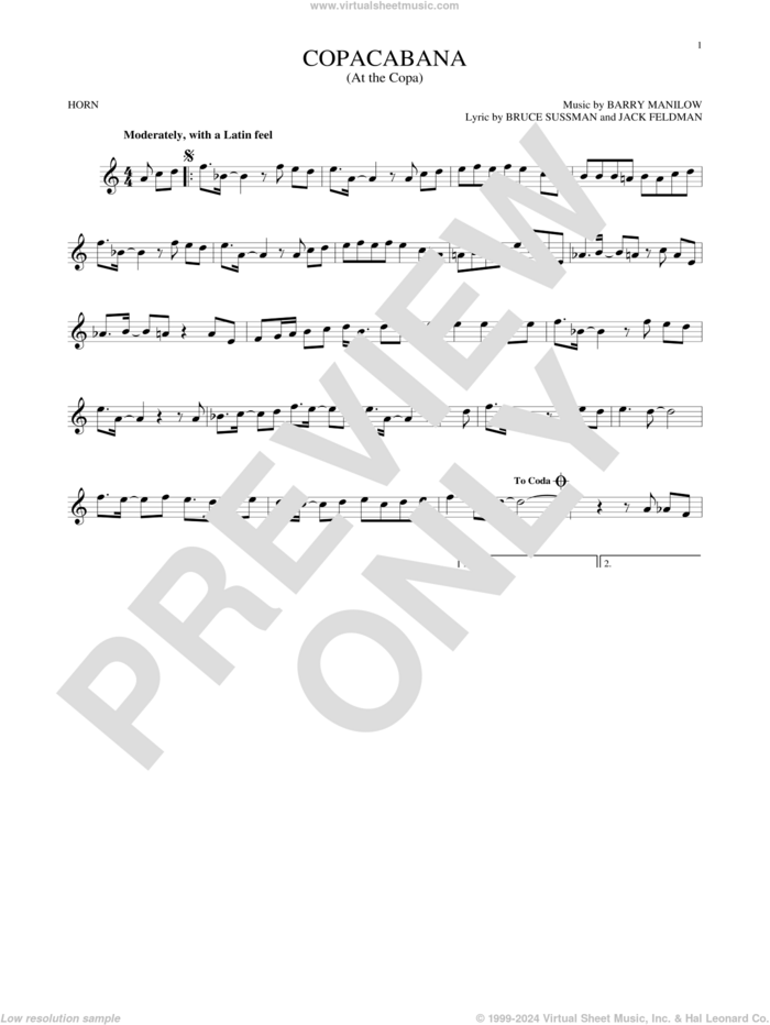 Copacabana (At The Copa) sheet music for horn solo by Barry Manilow, Bruce Sussman and Jack Feldman, intermediate skill level