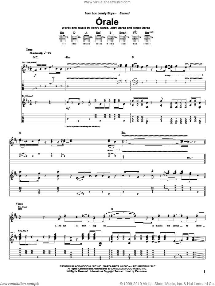 Orale sheet music for guitar (tablature) by Los Lonely Boys, Henry Garza, Joey Garza and Ringo Garza, intermediate skill level