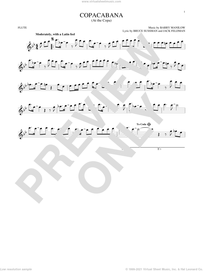 Copacabana (At The Copa) sheet music for flute solo by Barry Manilow, Bruce Sussman and Jack Feldman, intermediate skill level
