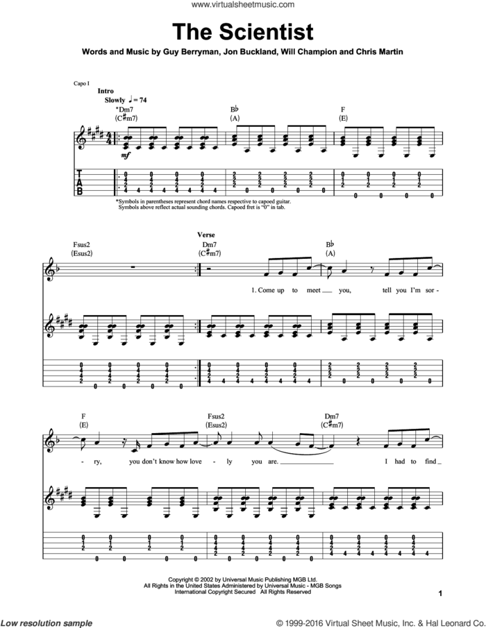 The Scientist sheet music for guitar (tablature, play-along) by Coldplay, Chris Martin, Guy Berryman, Jon Buckland and Will Champion, intermediate skill level