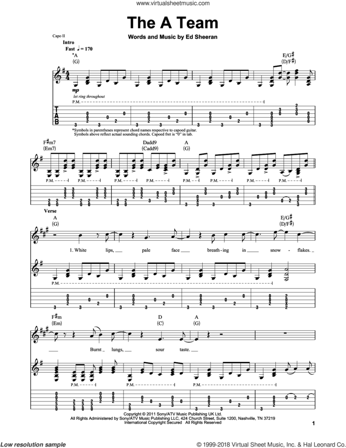 The A Team sheet music for guitar (tablature, play-along) by Ed Sheeran, intermediate skill level