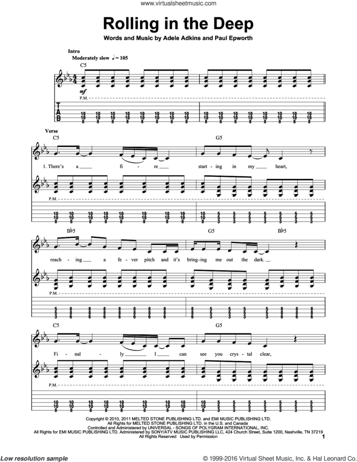 Rolling In The Deep sheet music for guitar (tablature, play-along) by Adele, Adele Adkins and Paul Epworth, intermediate skill level