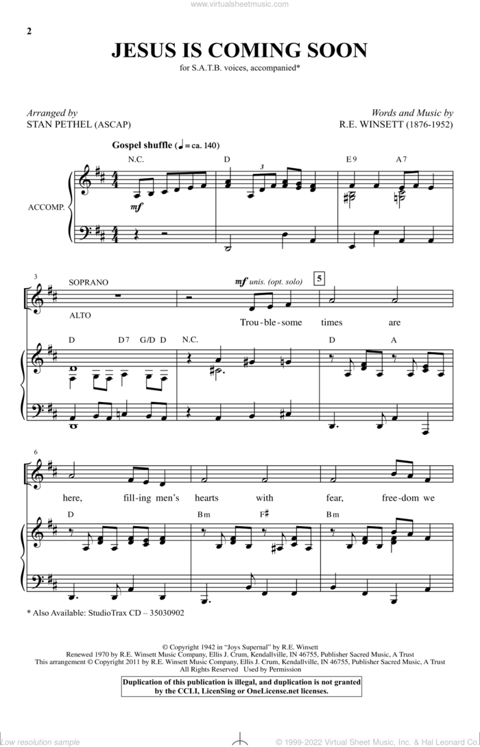 Jesus Is Coming Soon sheet music for choir (SATB: soprano, alto, tenor, bass) by Stan Pethel and R.E. Winsett, intermediate skill level
