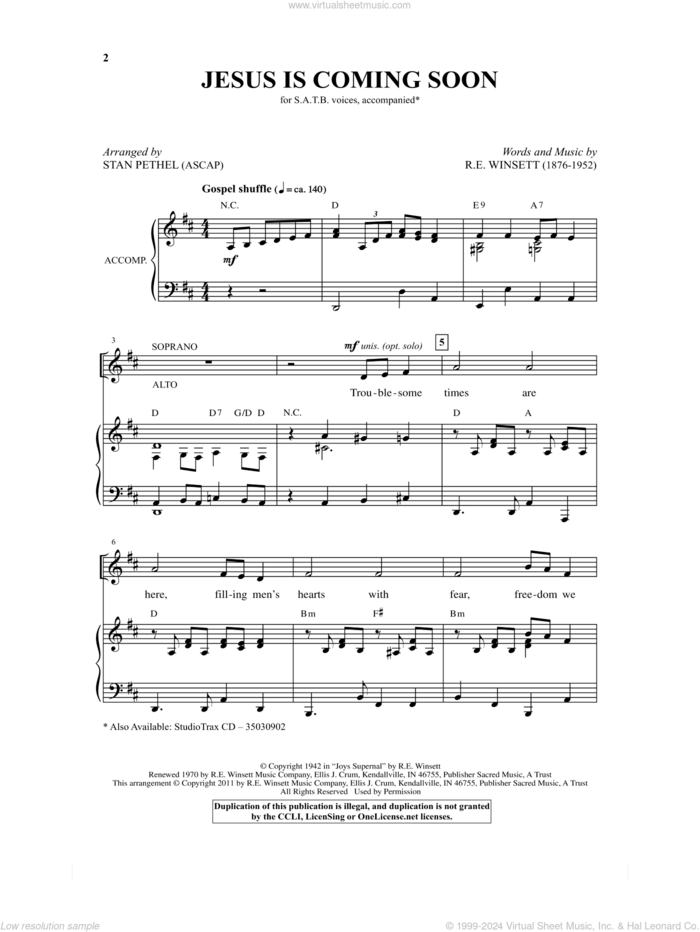 Jesus Is Coming Soon sheet music for choir (SATB: soprano, alto, tenor, bass) by Stan Pethel and R.E. Winsett, intermediate skill level