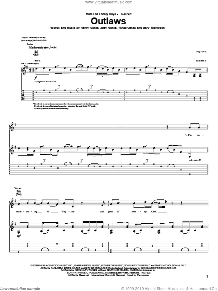 Outlaws sheet music for guitar (tablature) by Los Lonely Boys, Gary Nicholson, Henry Garza, Joey Garza and Ringo Garza, intermediate skill level