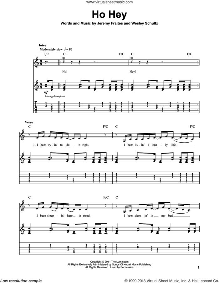 Ho Hey sheet music for guitar (tablature, play-along) by The Lumineers, Lennon & Maisy, Jeremy Fraites and Wesley Schultz, intermediate skill level