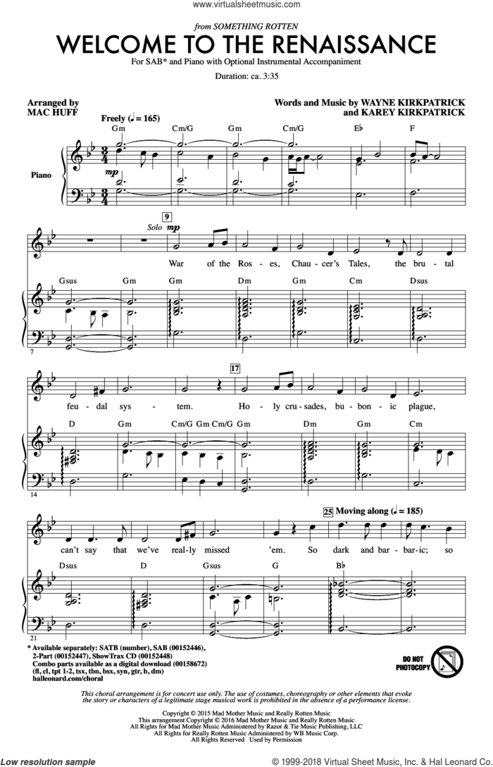 Welcome To The Renaissance sheet music for choir (SAB: soprano, alto, bass) by Wayne Kirkpatrick, Mac Huff and Karey Kirkpatrick, intermediate skill level