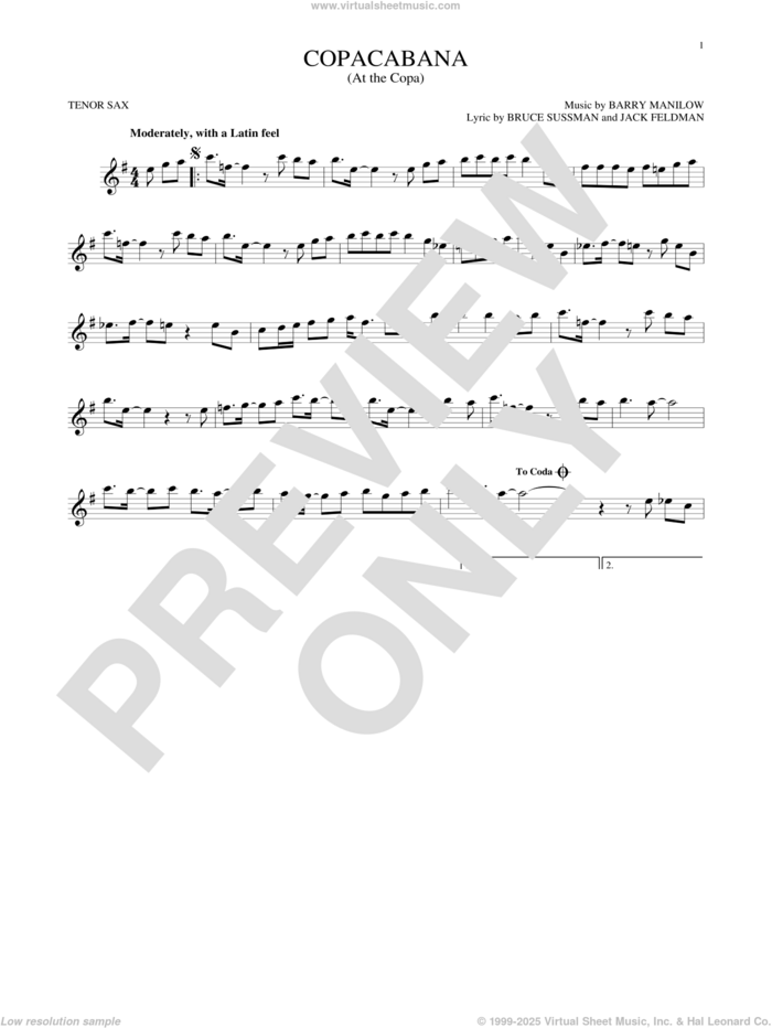 Copacabana (At The Copa) sheet music for tenor saxophone solo by Barry Manilow, Bruce Sussman and Jack Feldman, intermediate skill level