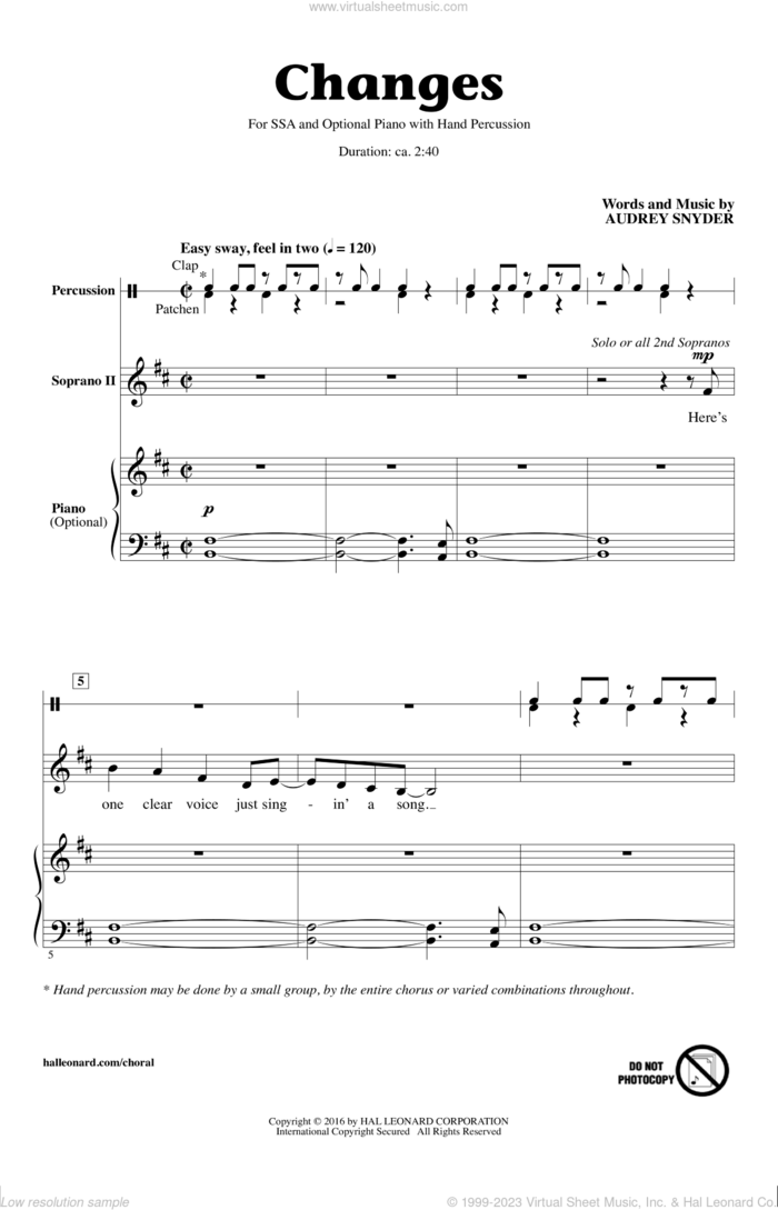 Changes sheet music for choir (SSA: soprano, alto) by Audrey Snyder, intermediate skill level