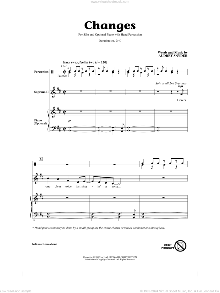 Changes sheet music for choir (SSA: soprano, alto) by Audrey Snyder, intermediate skill level