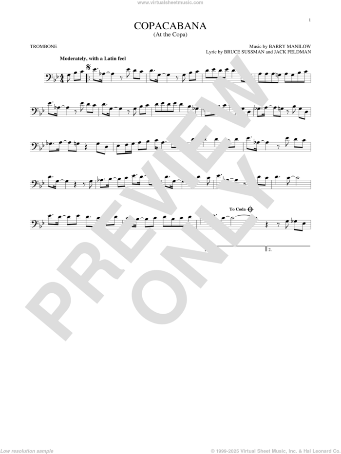 Copacabana (At The Copa) sheet music for trombone solo by Barry Manilow, Bruce Sussman and Jack Feldman, intermediate skill level