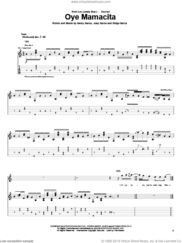 Oye Mamacita sheet music for guitar (tablature) by Los Lonely Boys, Henry Garza, Joey Garza and Ringo Garza, intermediate skill level