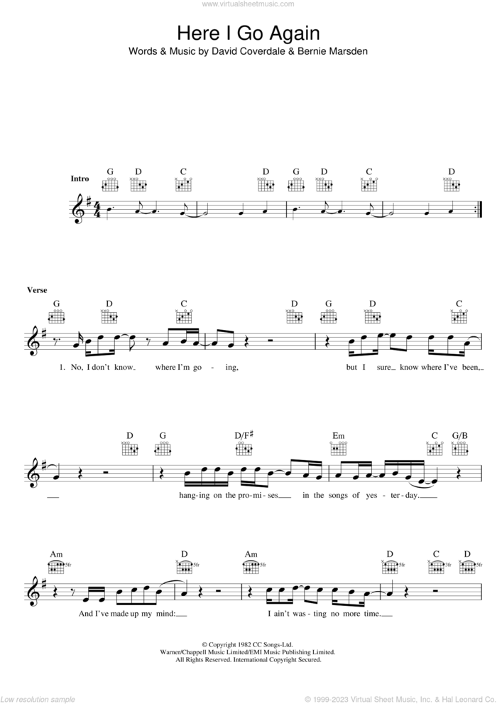 Here I Go Again sheet music for voice and other instruments (fake book) by Whitesnake, Bernie Marsden and David Coverdale, intermediate skill level