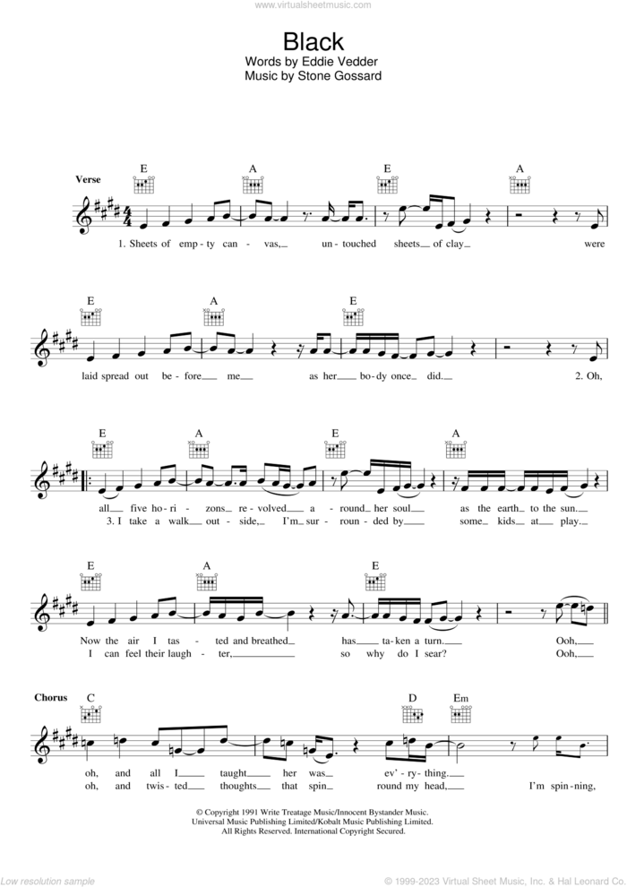 Black sheet music for voice and other instruments (fake book) by Pearl Jam, Eddie Vedder and Stone Gossard, intermediate skill level