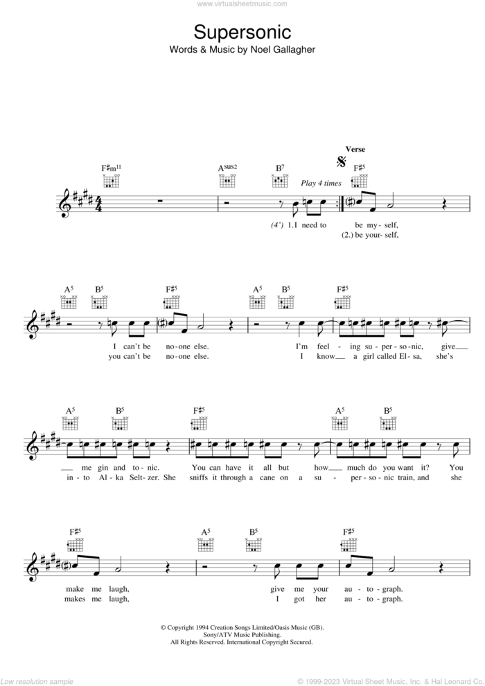 Supersonic sheet music for voice and other instruments (fake book) by Oasis and Noel Gallagher, intermediate skill level