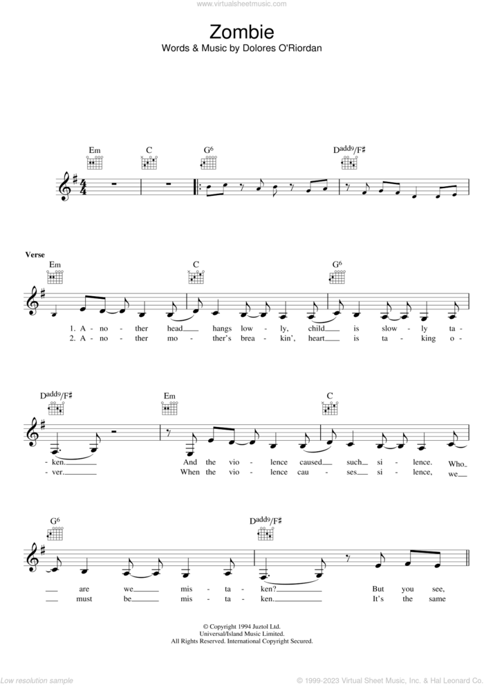 Zombie sheet music for voice and other instruments (fake book) by The Cranberries, intermediate skill level