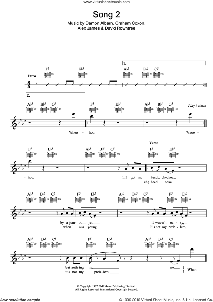 Song 2 sheet music for voice and other instruments (fake book) by Blur, Alex James, Damon Albarn, David Rowntree and Graham Coxon, intermediate skill level