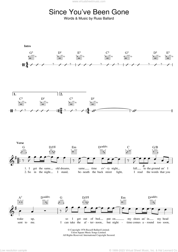 Since You've Been Gone sheet music for voice and other instruments (fake book) by Rainbow and Russ Ballard, intermediate skill level